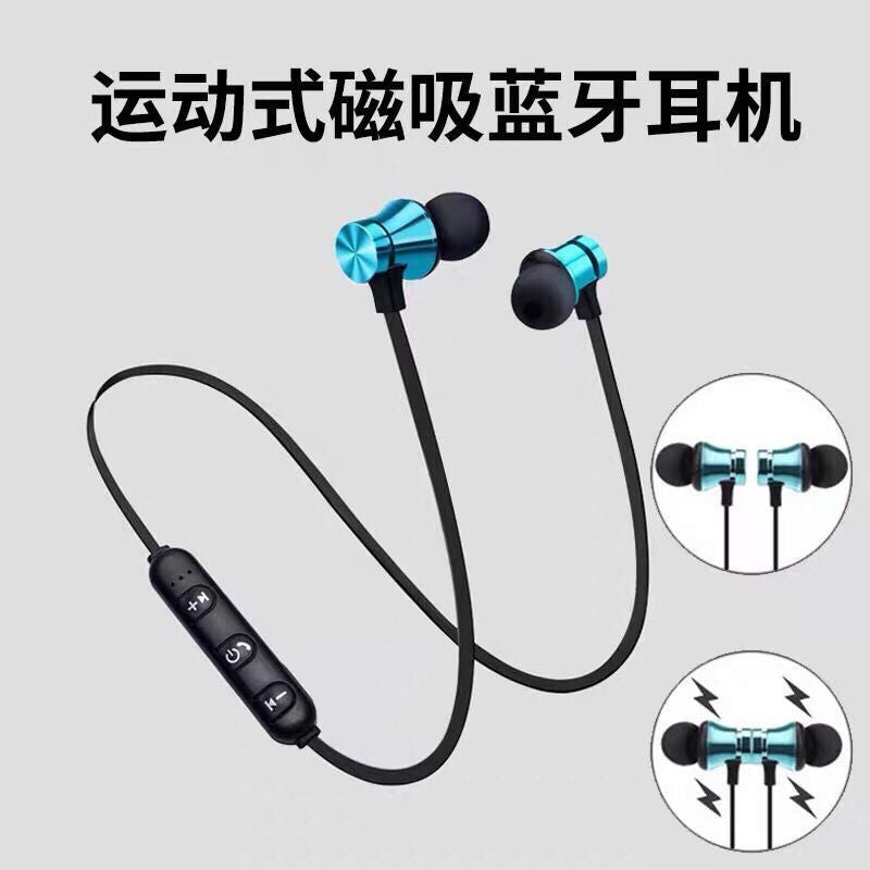 XT11 wireless blue headphones, dual-ear in-ear stereo, neck-hanging and suction universal