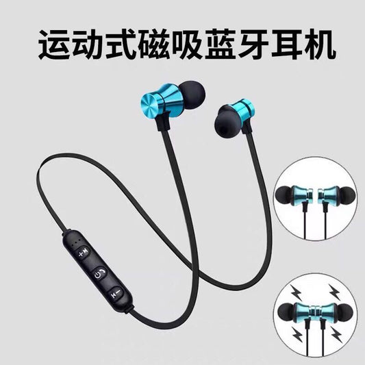 XT11 wireless blue headphones, dual-ear in-ear stereo, neck-hanging and suction universal