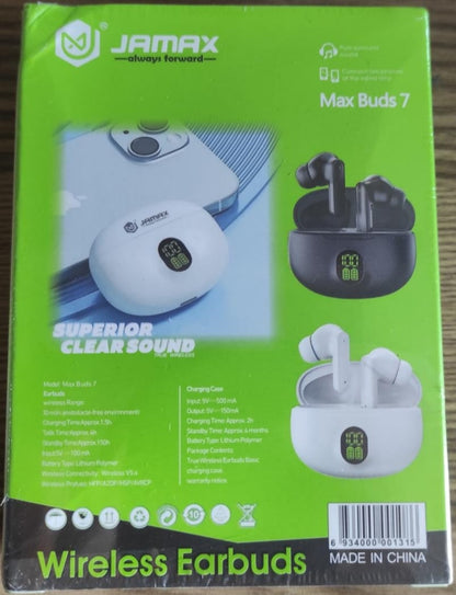 Jamax Max Buds 7 – Wireless Bluetooth Earbuds (LED Display, Touch Control, Type-C Charging)